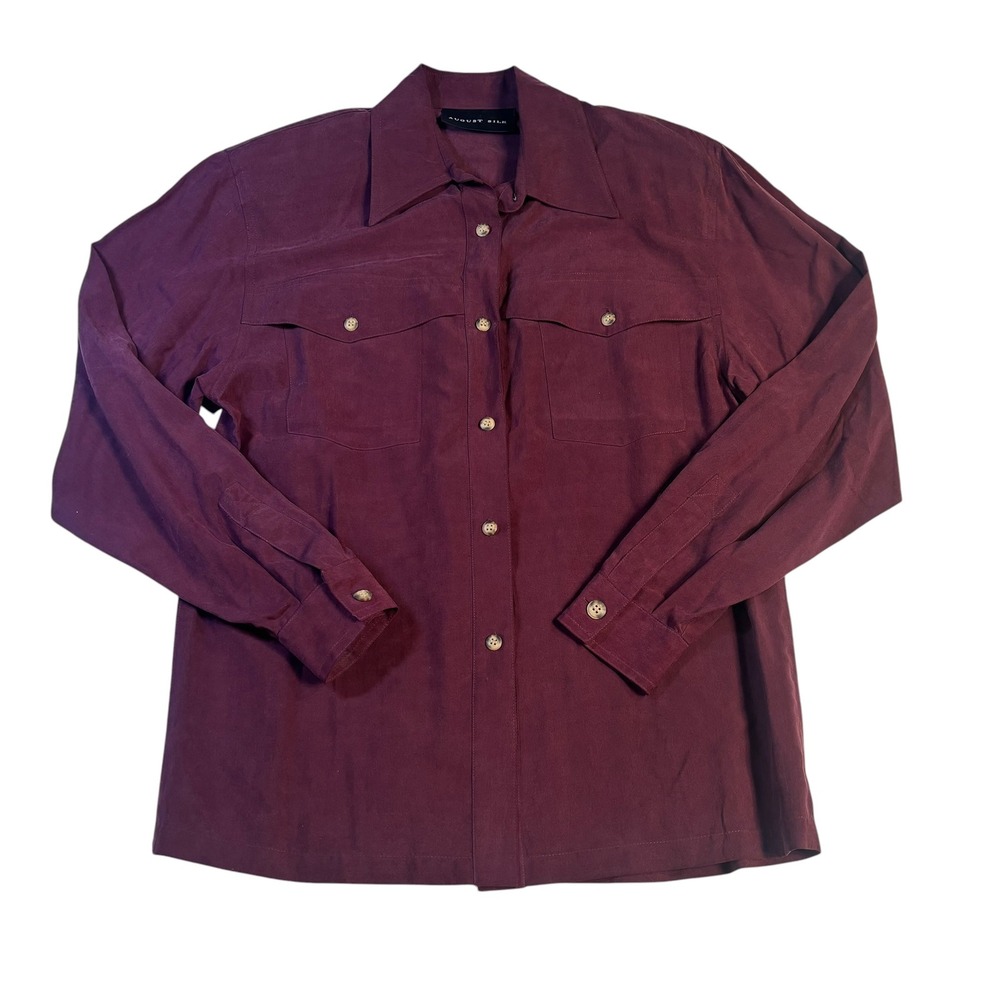 August Silk Womens Burgundy 100% Silk Utility Button Down Shirt Blouse Small